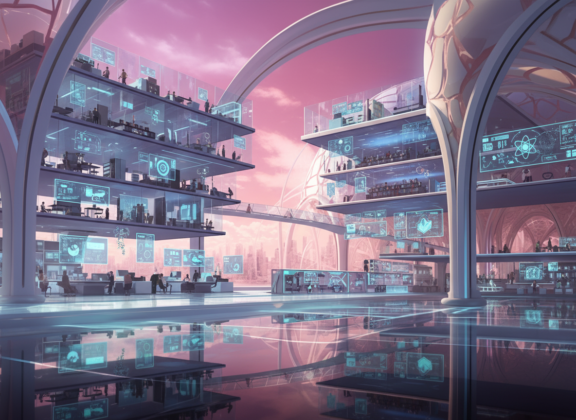 Pink-lit futuristic retail interior with glass shelving — Nplay AR virtual showroom visual, variant