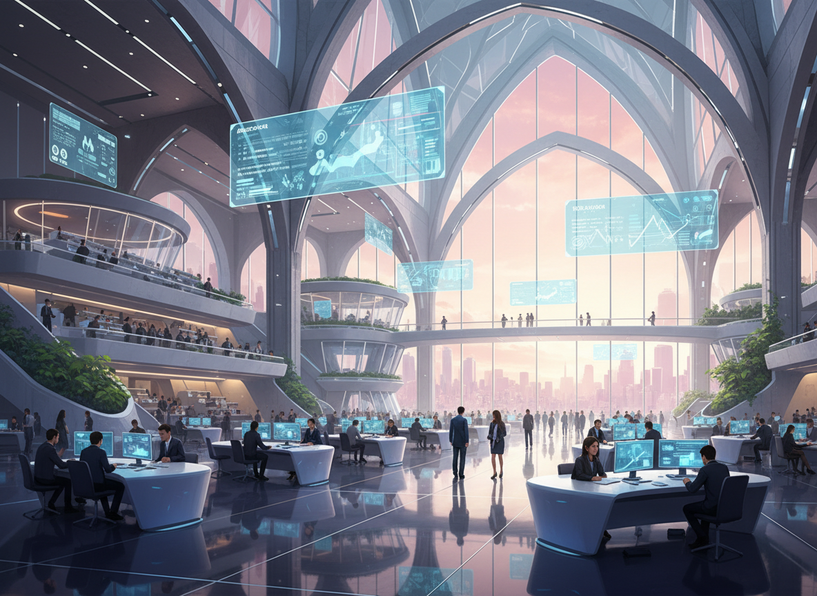 Bright glass-domed atrium interior with visitors seated at tables in daylight — Nplay smart building digital twin visualization