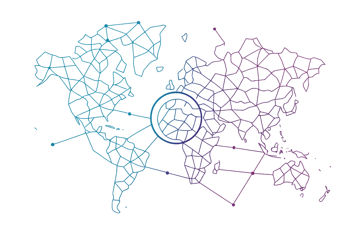 Glowing world map with connected data nodes — Nplay MENA-China business development and global network visual