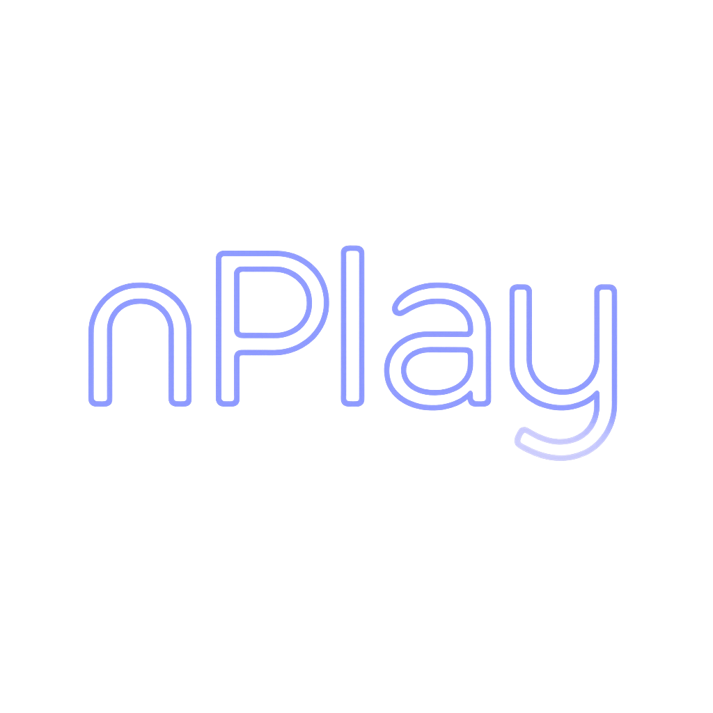 Tablet device mockup with glowing purple-blue light beams and the text 'Welcome to Digital Tomorrow' — Nplay AI kiosk product graphic