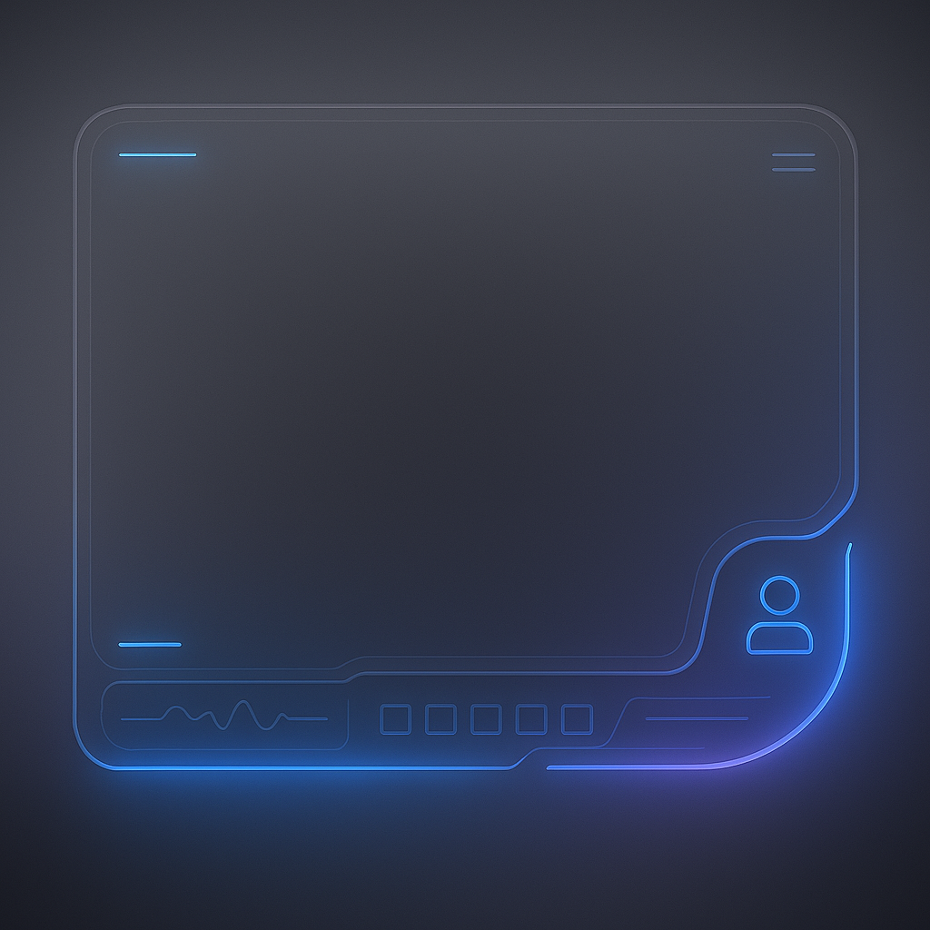 Dark tablet UI mockup panel with glowing blue accents and a person icon — Nplay AI receptionist kiosk interface, variant